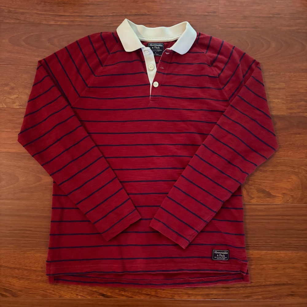 Abercrombie & Fitch Mens Rugby Polo XL Red Navy Blue Striped Long Sleeve Y2K